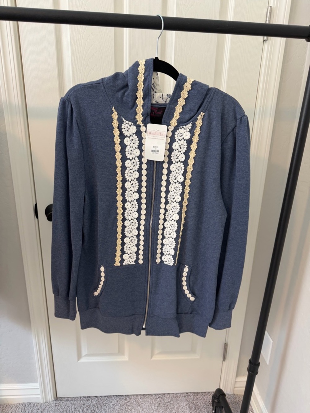 Women's Navy Zip Hoodie with Lace Trim